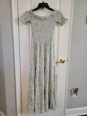 Altar'd State Prelly Smocked Floral Maxi Dress Sage Size Small Off The Shoulder